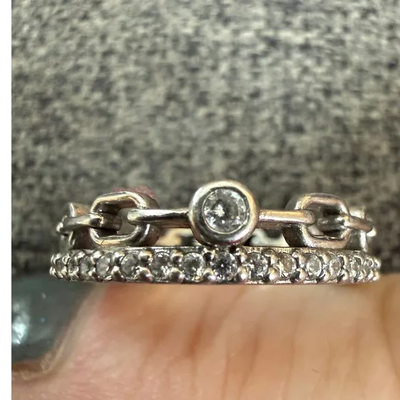 Freida Rothman 925 Sterling Silver Double Band Chain and Pave CZ Ring Stack ring - Picture 5 of 9